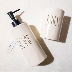 RAE DUNN Bathroom SOAP RINSE Accessories, Gold Letters, Soap Dispenser and Cup